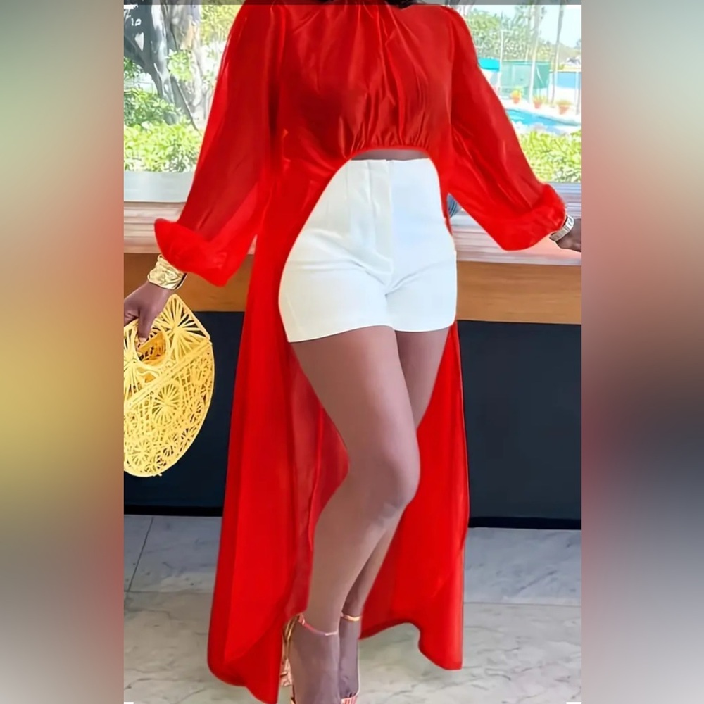 Bold Red Irregular Hem Sheer Blouse – High Neck Statement Top